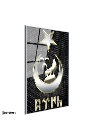 Gümüş Renk Metal Çerçeveli Tamperli Cam Tablo Bozkurt Hilal ve Göktürkçe Türk Yazısı Osmanlı Tablosu Duvar Dekoru