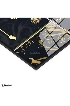Siyah Renk Metal Çerçeveli Tamperli Cam Tablo Altın Motifli Osmanlı Arması Osmanlı Tablosu Duvar Dekoru