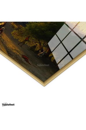 Altın Renk Metal Çerçeveli Tamperli Cam Tablo Osmanlı Gün Batımı Liman ve İskele Sahnesi Duvar Dekoru