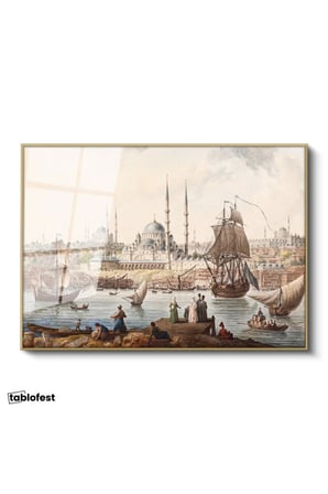 Altın Renk Metal Çerçeveli Tamperli Cam Tablo İstanbul Boğazı Tarihi Gemi ve İskele Sahnesi Duvar Dekoru