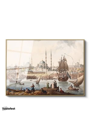Altın Renk Metal Çerçeveli Tamperli Cam Tablo İstanbul Boğazı Tarihi Gemi ve İskele Sahnesi Duvar Dekoru