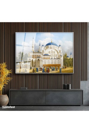 Gümüş Renk Metal Çerçeveli Tamperli Cam Tablo Tarihi Külliye Meydanı Osmanlı Tablosu Duvar Dekoru