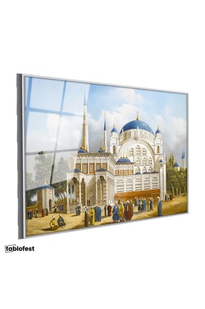 Gümüş Renk Metal Çerçeveli Tamperli Cam Tablo Tarihi Külliye Meydanı Osmanlı Tablosu Duvar Dekoru
