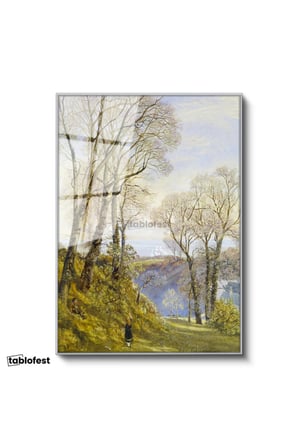 Gümüş Renk Metal Çerçeveli Tamperli Cam Tablo J.M.W. Turner Ağaçlık Arazi Uzaktan Yelkenli Ressam Tablosu Duvar Dekoru