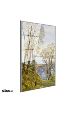 Gümüş Renk Metal Çerçeveli Tamperli Cam Tablo J.M.W. Turner Ağaçlık Arazi Uzaktan Yelkenli Ressam Tablosu Duvar Dekoru
