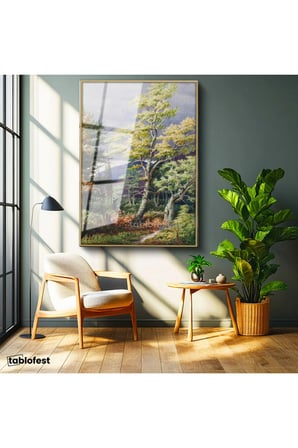 Altın Renk Metal Çerçeveli Tamperli Cam Tablo J.M.W. Turner Orman İçi Açık Alan Fırtına Öncesi Ressam Tablosu Dekoru