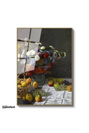 Altın Renk Metal Çerçeveli Tamperli Cam Tablo Claude Monet Meyveler ve Çiçekler Sepetli Natürmort Ressam Tablosu Dekoru