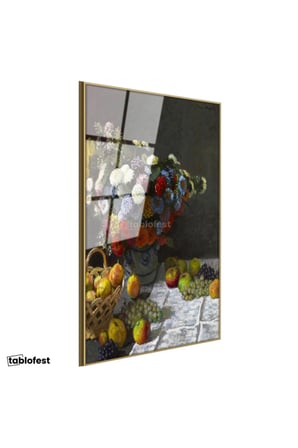 Altın Renk Metal Çerçeveli Tamperli Cam Tablo Claude Monet Meyveler ve Çiçekler Sepetli Natürmort Ressam Tablosu Dekoru