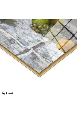 Altın Renk Metal Çerçeveli Tamperli Cam Tablo Claude Monet Meyveler ve Çiçekler Sepetli Natürmort Ressam Tablosu Dekoru