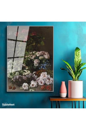 Gümüş Renk Metal Çerçeveli Tamperli Cam Tablo Claude Monet Sepetli Çiçekler Canlı Renkler Ressam Tablosu Dekoru