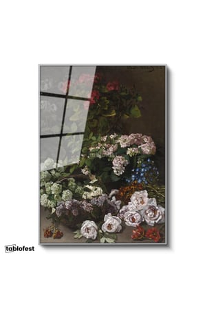 Gümüş Renk Metal Çerçeveli Tamperli Cam Tablo Claude Monet Sepetli Çiçekler Canlı Renkler Ressam Tablosu Dekoru