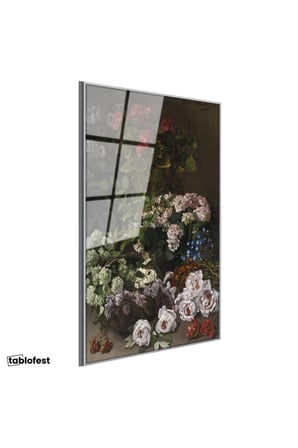 Gümüş Renk Metal Çerçeveli Tamperli Cam Tablo Claude Monet Sepetli Çiçekler Canlı Renkler Ressam Tablosu Dekoru