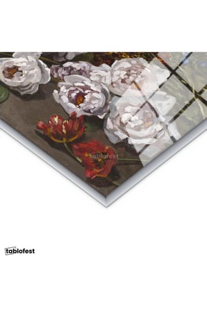 Gümüş Renk Metal Çerçeveli Tamperli Cam Tablo Claude Monet Sepetli Çiçekler Canlı Renkler Ressam Tablosu Dekoru