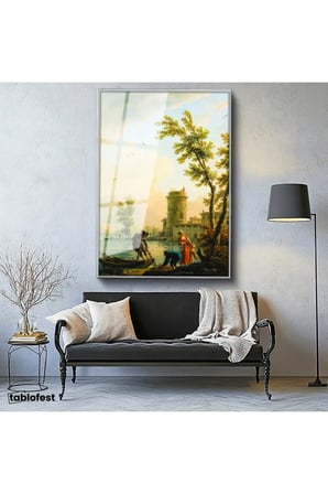 Gümüş Renk Metal Çerçeveli Tamperli Cam Tablo C.J. Vernet Balıkçılar Kıyı Kulesi Deniz Kenarı Ressam Tablosu Dekoru