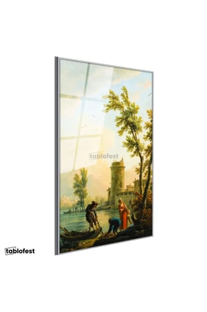Gümüş Renk Metal Çerçeveli Tamperli Cam Tablo C.J. Vernet Balıkçılar Kıyı Kulesi Deniz Kenarı Ressam Tablosu Dekoru
