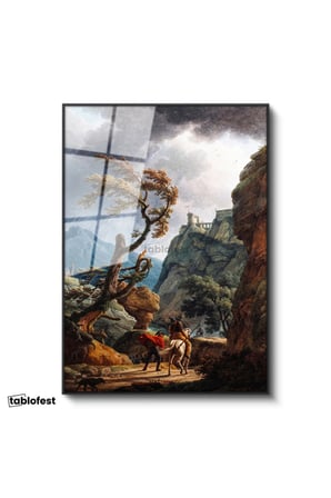 Siyah Renk Metal Çerçeveli Tamperli Cam Tablo C.J. Vernet Kale Manzarası Öncesi Yağmurlu Atmosfer Ressam Tablosu Dekoru