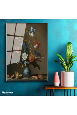 Gümüş Renk Metal Çerçeveli Tamperli Cam Tablo Jan van Huysum Vazolu Çiçekler Deniz Kabukları Ressam Tablosu Dekoru