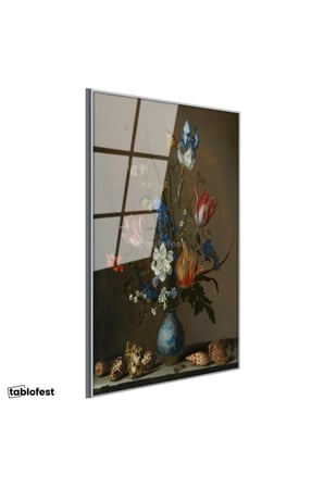 Gümüş Renk Metal Çerçeveli Tamperli Cam Tablo Jan van Huysum Vazolu Çiçekler Deniz Kabukları Ressam Tablosu Dekoru