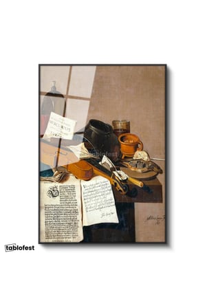 Siyah Renk Metal Çerçeveli Tamperli Cam Tablo R.R.L.F. Keman ve Kitaplar Vanitas Karanlık Ressam Tablosu Dekoru