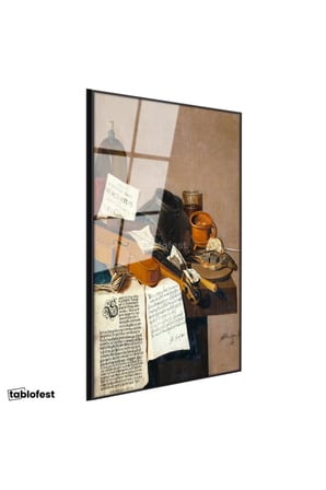 Siyah Renk Metal Çerçeveli Tamperli Cam Tablo R.R.L.F. Keman ve Kitaplar Vanitas Karanlık Ressam Tablosu Dekoru