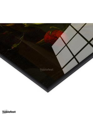 Siyah Renk Metal Çerçeveli Tamperli Cam Tablo Jan van Huysum Lale ve İris Karanlık Fonlu Çiçek Ressam Tablosu Dekoru