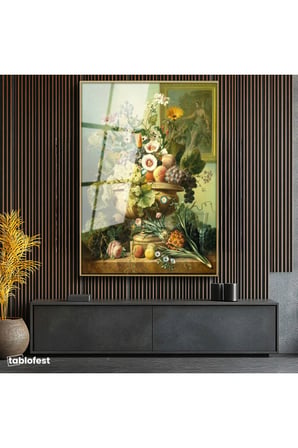 Altın Renk Metal Çerçeveli Tamperli Cam Tablo Jan van Huysum Meyve ve Çiçekler Ananaslı Vazoda Ressam Tablosu Dekoru