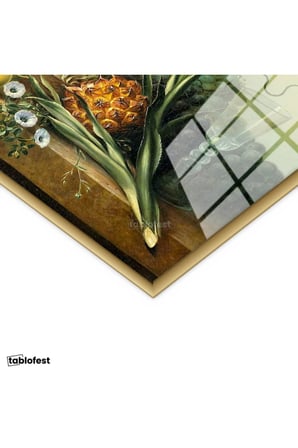 Altın Renk Metal Çerçeveli Tamperli Cam Tablo Jan van Huysum Meyve ve Çiçekler Ananaslı Vazoda Ressam Tablosu Dekoru