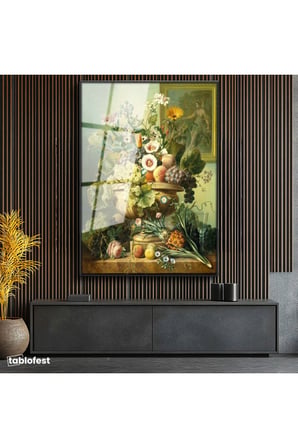 Siyah Renk Metal Çerçeveli Tamperli Cam Tablo Jan van Huysum Meyve ve Çiçekler Ananaslı Vazoda Ressam Tablosu Dekoru