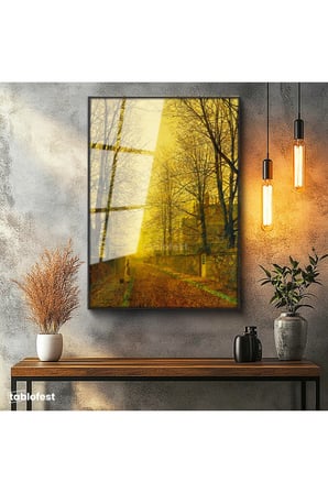 Siyah Renk Metal Çerçeveli Tamperli Cam Tablo J.A. Grimshaw Sonbahar Yolu Yürüyen Figür Gündoğumu Ressam Tablosu Dekoru