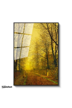 Siyah Renk Metal Çerçeveli Tamperli Cam Tablo J.A. Grimshaw Sonbahar Yolu Yürüyen Figür Gündoğumu Ressam Tablosu Dekoru