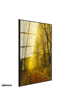 Siyah Renk Metal Çerçeveli Tamperli Cam Tablo J.A. Grimshaw Sonbahar Yolu Yürüyen Figür Gündoğumu Ressam Tablosu Dekoru