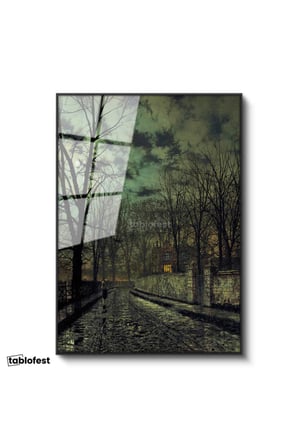 Siyah Renk Metal Çerçeveli Tamperli Cam Tablo J.A. Grimshaw Yağmurlu Sokak Figürlü Gece Manzarası Ressam Tablosu Dekoru