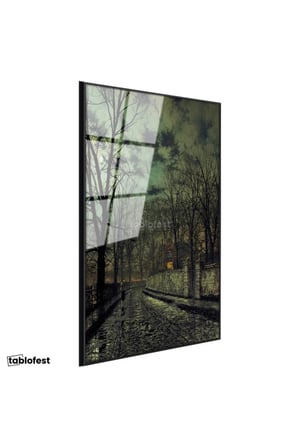 Siyah Renk Metal Çerçeveli Tamperli Cam Tablo J.A. Grimshaw Yağmurlu Sokak Figürlü Gece Manzarası Ressam Tablosu Dekoru