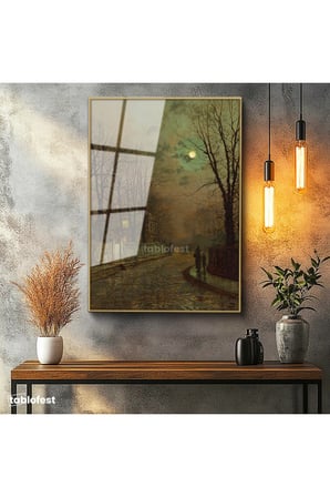 Altın Renk Metal Çerçeveli Tamperli Cam Tablo J.A. Grimshaw Islak Sokak At Arabalı Figür Dolunay Ressam Tablosu Dekoru