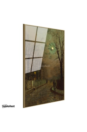 Altın Renk Metal Çerçeveli Tamperli Cam Tablo J.A. Grimshaw Islak Sokak At Arabalı Figür Dolunay Ressam Tablosu Dekoru