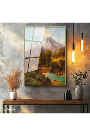 Altın Renk Metal Çerçeveli Tamperli Cam Tablo Andreas Achenbach Dağlık Manzara Köprülü Dere Ressam Tablosu Dekoru
