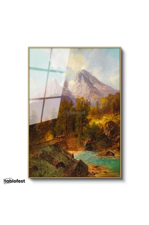 Altın Renk Metal Çerçeveli Tamperli Cam Tablo Andreas Achenbach Dağlık Manzara Köprülü Dere Ressam Tablosu Dekoru