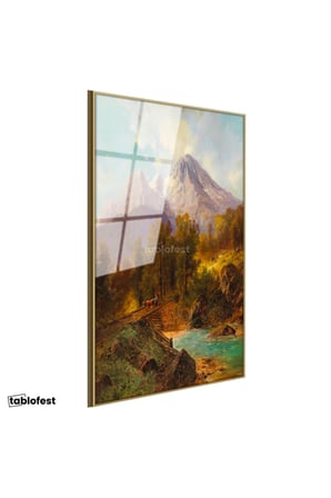 Altın Renk Metal Çerçeveli Tamperli Cam Tablo Andreas Achenbach Dağlık Manzara Köprülü Dere Ressam Tablosu Dekoru
