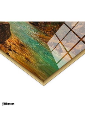 Altın Renk Metal Çerçeveli Tamperli Cam Tablo Andreas Achenbach Dağlık Manzara Köprülü Dere Ressam Tablosu Dekoru