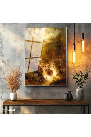 Gümüş Renk Metal Çerçeveli Tamperli Cam Tablo M. M. K. Kır Evi Şelale Dere Işık Gece Ressam Tablosu Duvar Dekoru