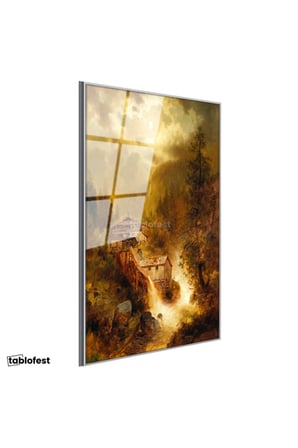 Gümüş Renk Metal Çerçeveli Tamperli Cam Tablo M. M. K. Kır Evi Şelale Dere Işık Gece Ressam Tablosu Duvar Dekoru