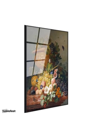 Siyah Renk Metal Çerçeveli Tamperli Cam Tablo J.L.R. Meyve ve Çiçekler Vazoda Böcekli Natürmort Ressam Tablosu Dekoru