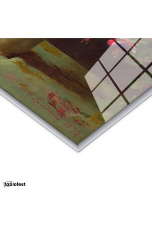 Gümüş Renk Metal Çerçeveli Tamperli Cam Tablo M.C.J. Vazoda İris ve Şakayık Çiçekleri Masa Üstü Ressam Tablosu Dekoru
