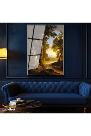 Altın Renk Metal Çerçeveli Tamperli Cam Tablo Asher Durand Orman İçi Patika Yürüyen Figür Ressam Tablosu Dekoru
