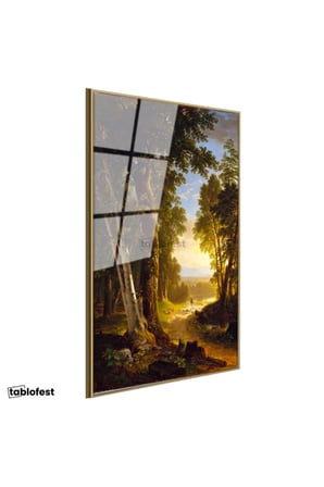 Altın Renk Metal Çerçeveli Tamperli Cam Tablo Asher Durand Orman İçi Patika Yürüyen Figür Ressam Tablosu Dekoru