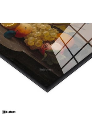 Siyah Renk Metal Çerçeveli Tamperli Cam Tablo Severin Roesen Lale ve Meyve Tabağı Beyaz Gül Ressam Tablosu Duvar Dekoru