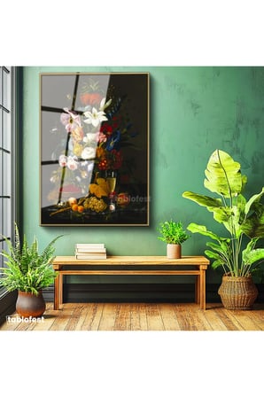 Altın Renk Metal Çerçeveli Tamperli Cam Tablo Severin Roesen Kristal Kadeh Kuş Yumurtası Çiçek Ressam Tablosu Dekoru