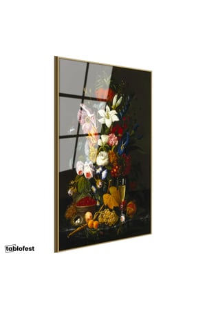 Altın Renk Metal Çerçeveli Tamperli Cam Tablo Severin Roesen Kristal Kadeh Kuş Yumurtası Çiçek Ressam Tablosu Dekoru