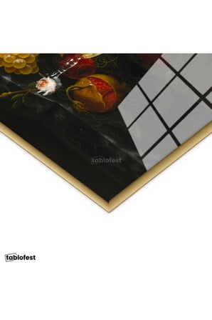 Altın Renk Metal Çerçeveli Tamperli Cam Tablo Severin Roesen Kristal Kadeh Kuş Yumurtası Çiçek Ressam Tablosu Dekoru