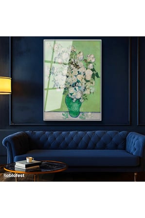 Gümüş Renk Metal Çerçeveli Tamperli Cam Tablo Vincent van Gogh Beyaz Güller ve Yeşil Vazo Zemin Ressam Tablosu Dekoru
